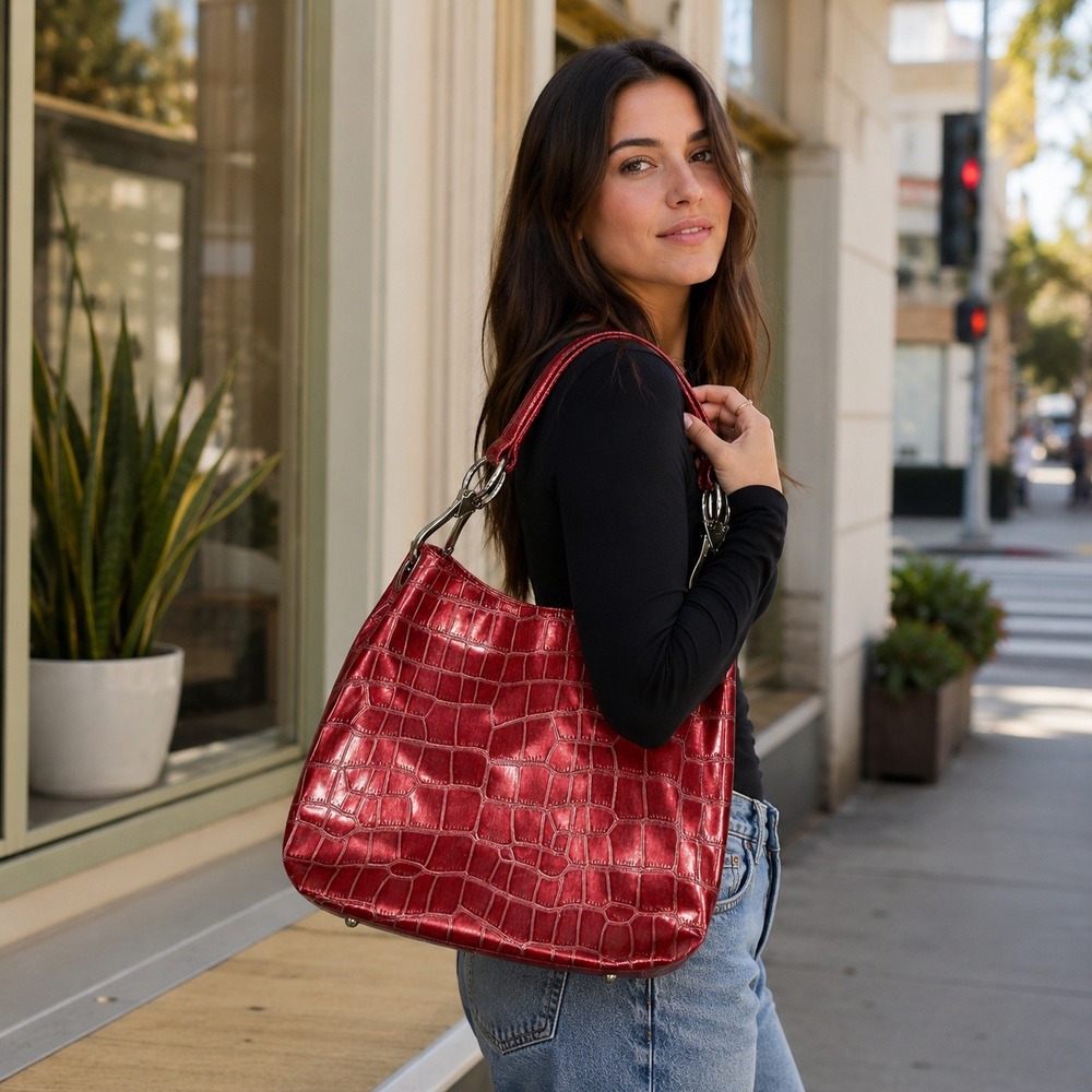 Red‎ Metallic Croc Embossed Hobo Shoulder Bag Zebra Print Lining Large